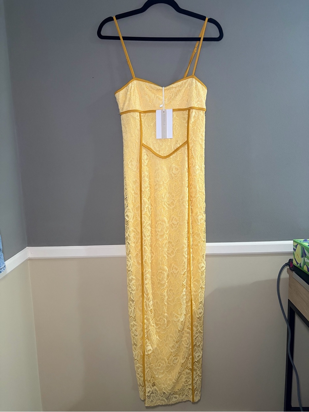 Saints & Secrets Yellow Lace Maxi Dress Adjustable Strap Corset Sheath NWT